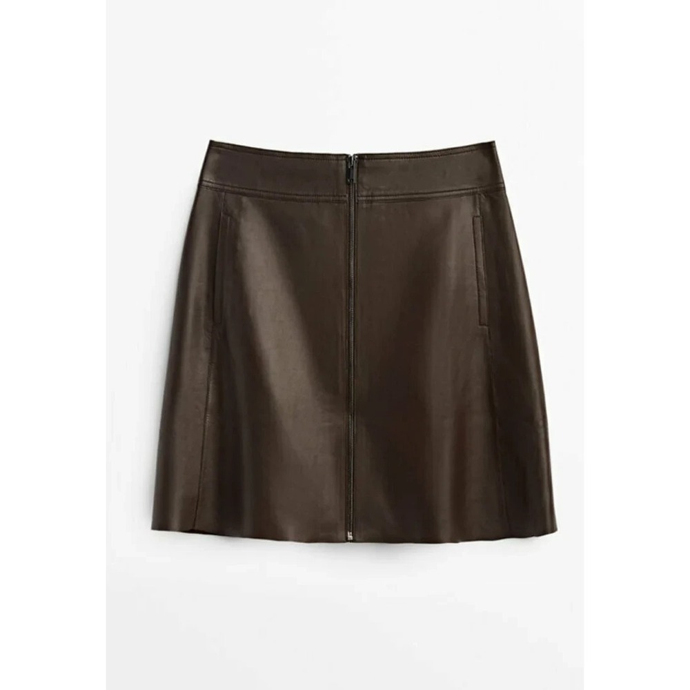 Massimo Dutti Mini A Line Skirt Genuine Leather Brown Front Zip Large NWT $200 - Picture 4 of 16